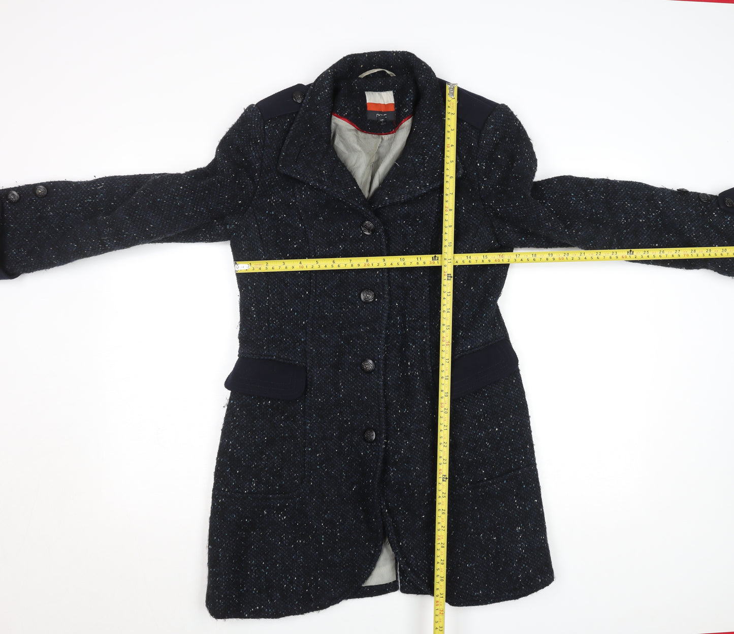 Next Women Blue Wool Tweed Military Coat Size 12 Long Sleeve