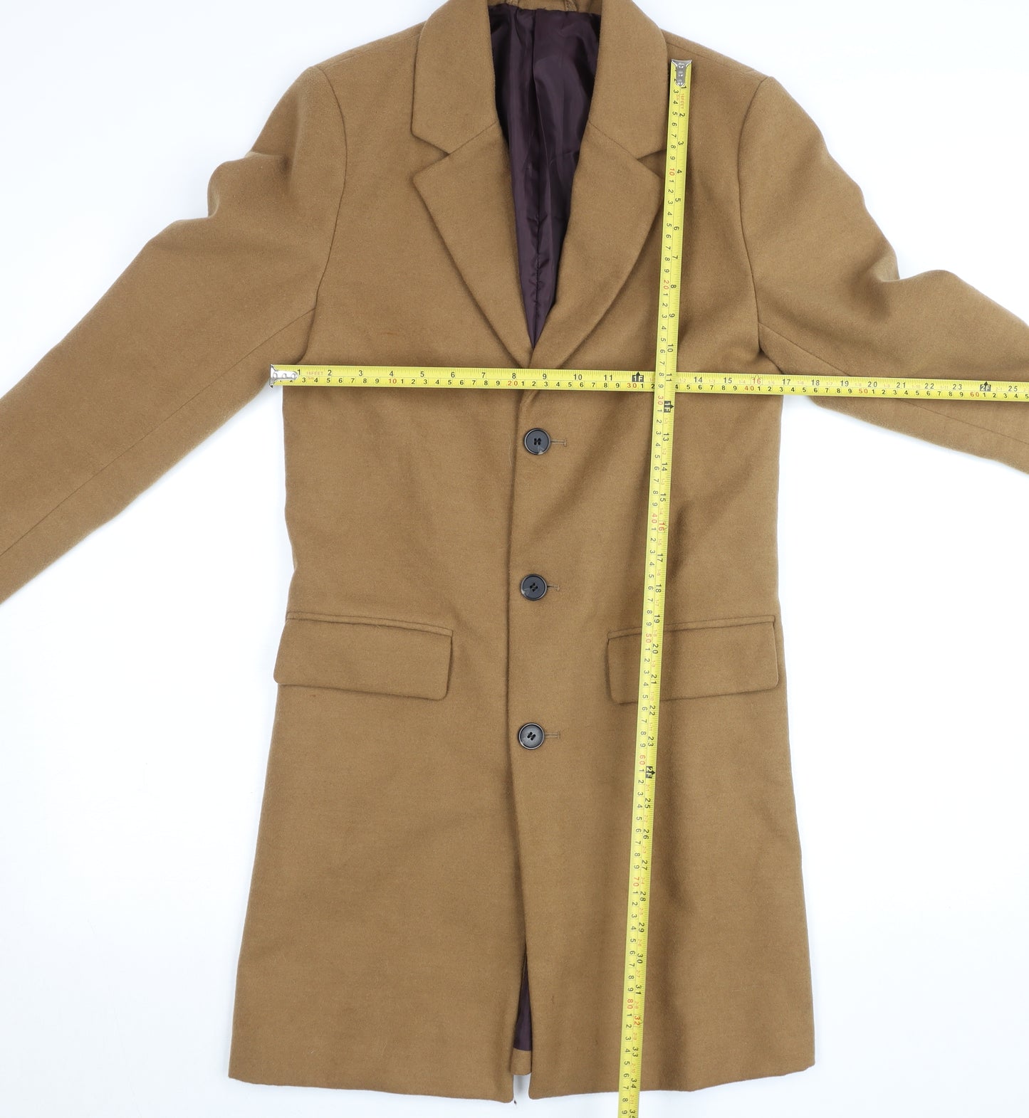 River Island Men's Brown XS Long Wool Blend Overcoat