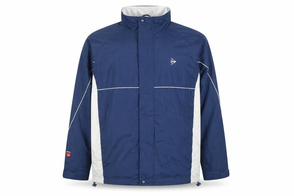 Front view of Dunlop Men's Blue and Grey Windbreaker Jacket, size L, Polyester Waterproof