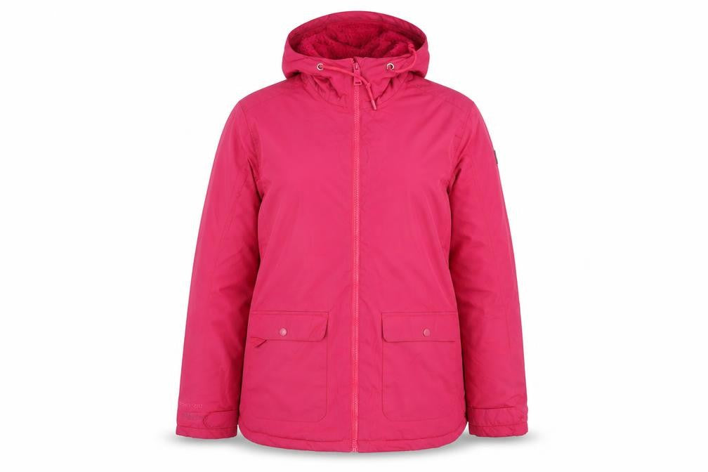 Front view of Regatta women’s pink waterproof hooded mid-length jacket uk 12