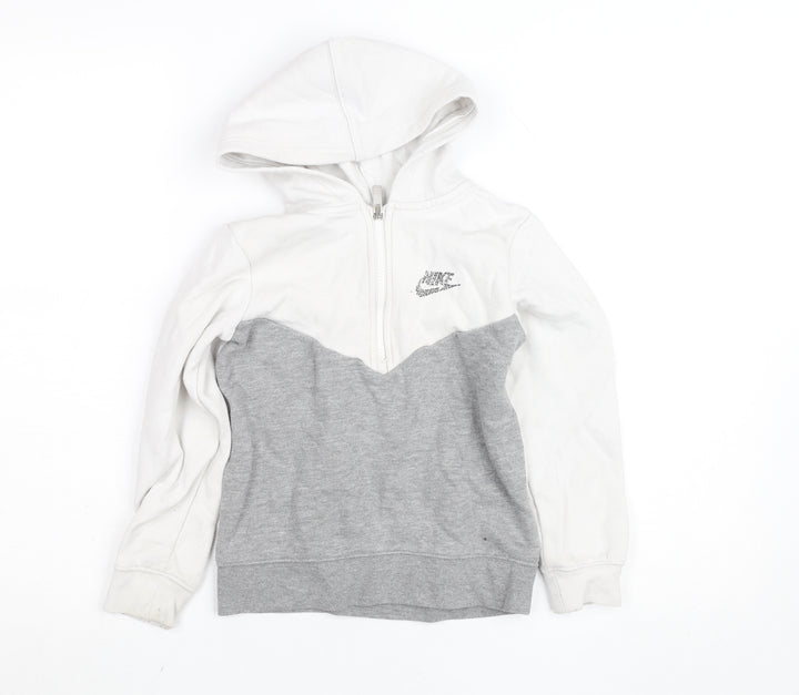 Nike Boys White Grey Full Zip Hoodie 6-7 Years Cotton Blend Fleece
