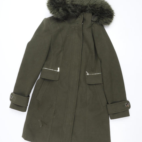 Wallis Women’s Green Faux Fur Hooded Long Parka Coat Size 8