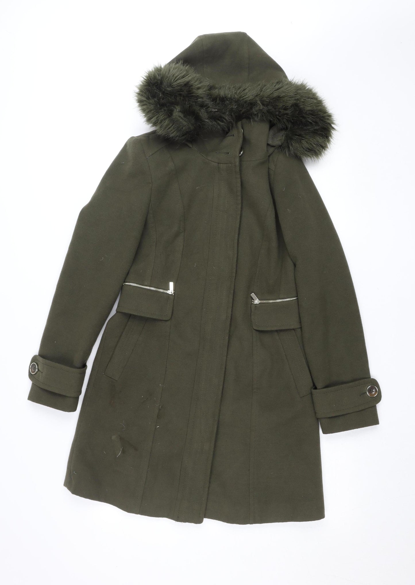 Wallis Women’s Green Faux Fur Hooded Long Parka Coat Size 8