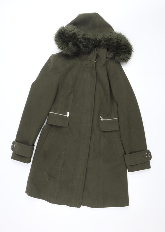 Wallis Women’s Green Faux Fur Hooded Long Parka Coat Size 8