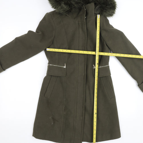 Wallis Women’s Green Faux Fur Hooded Long Parka Coat Size 8