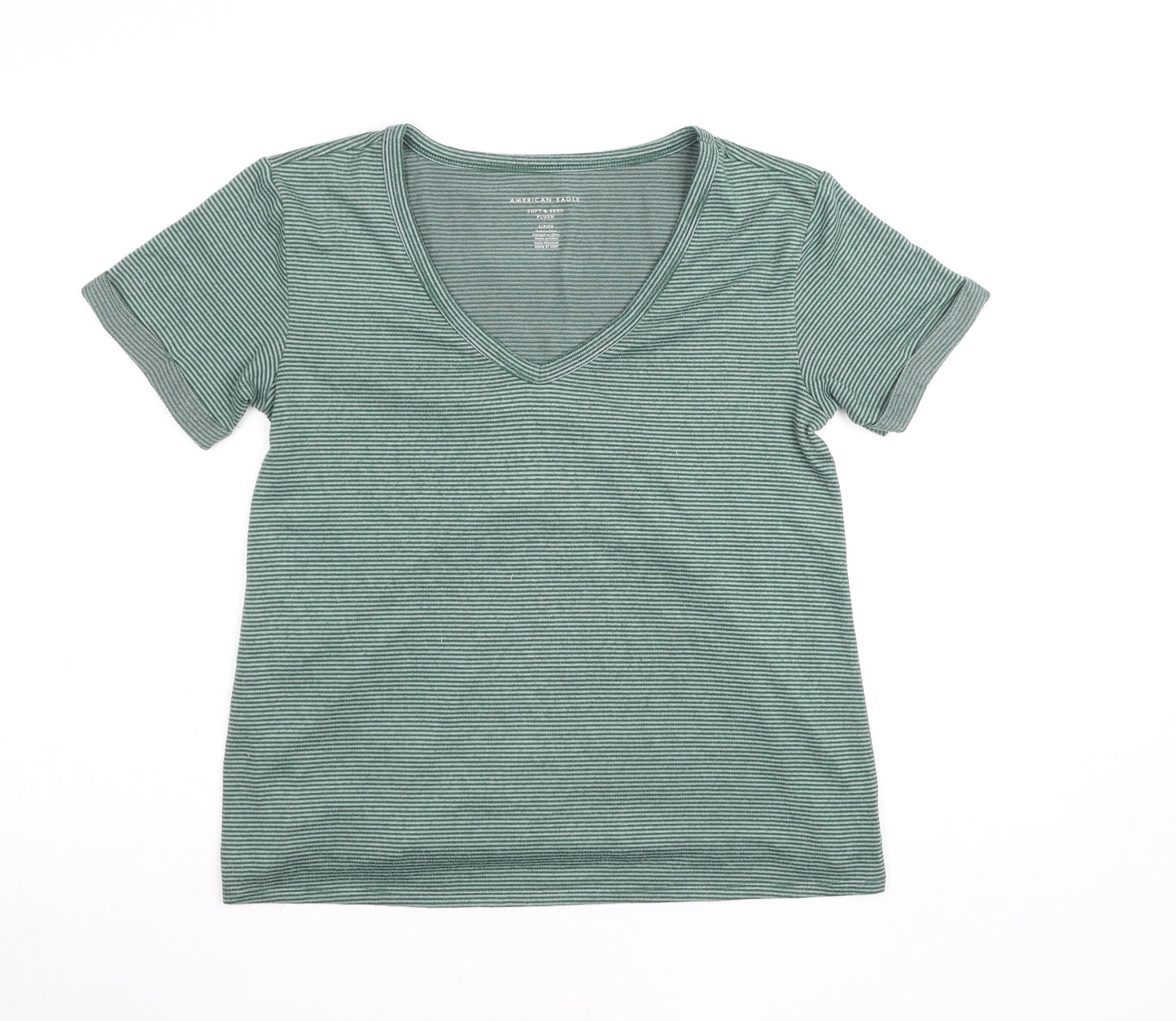 American Eagle Women's Green Striped Soft & Sexy V-Neck T-Shirt Size S