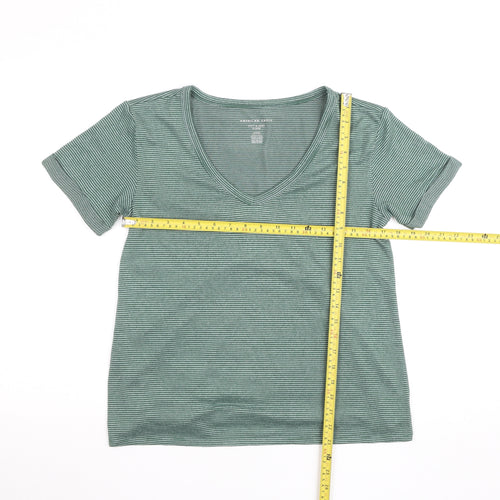 American Eagle Women's Green Striped Soft & Sexy V-Neck T-Shirt Size S