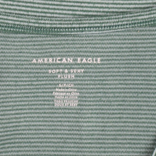American Eagle Women's Green Striped Soft & Sexy V-Neck T-Shirt Size S