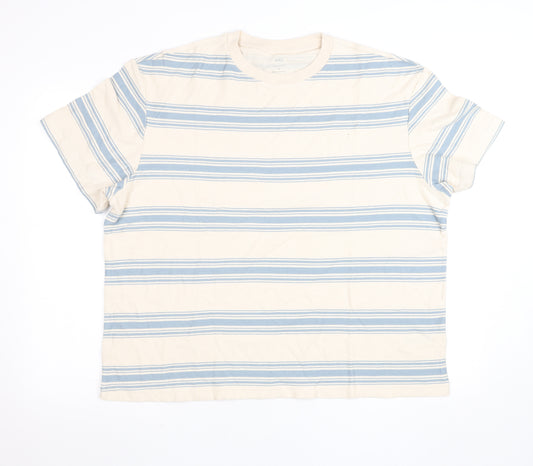 Marks and Spencer Women Beige Blue Striped Relaxed Fit Cotton T-Shirt XL