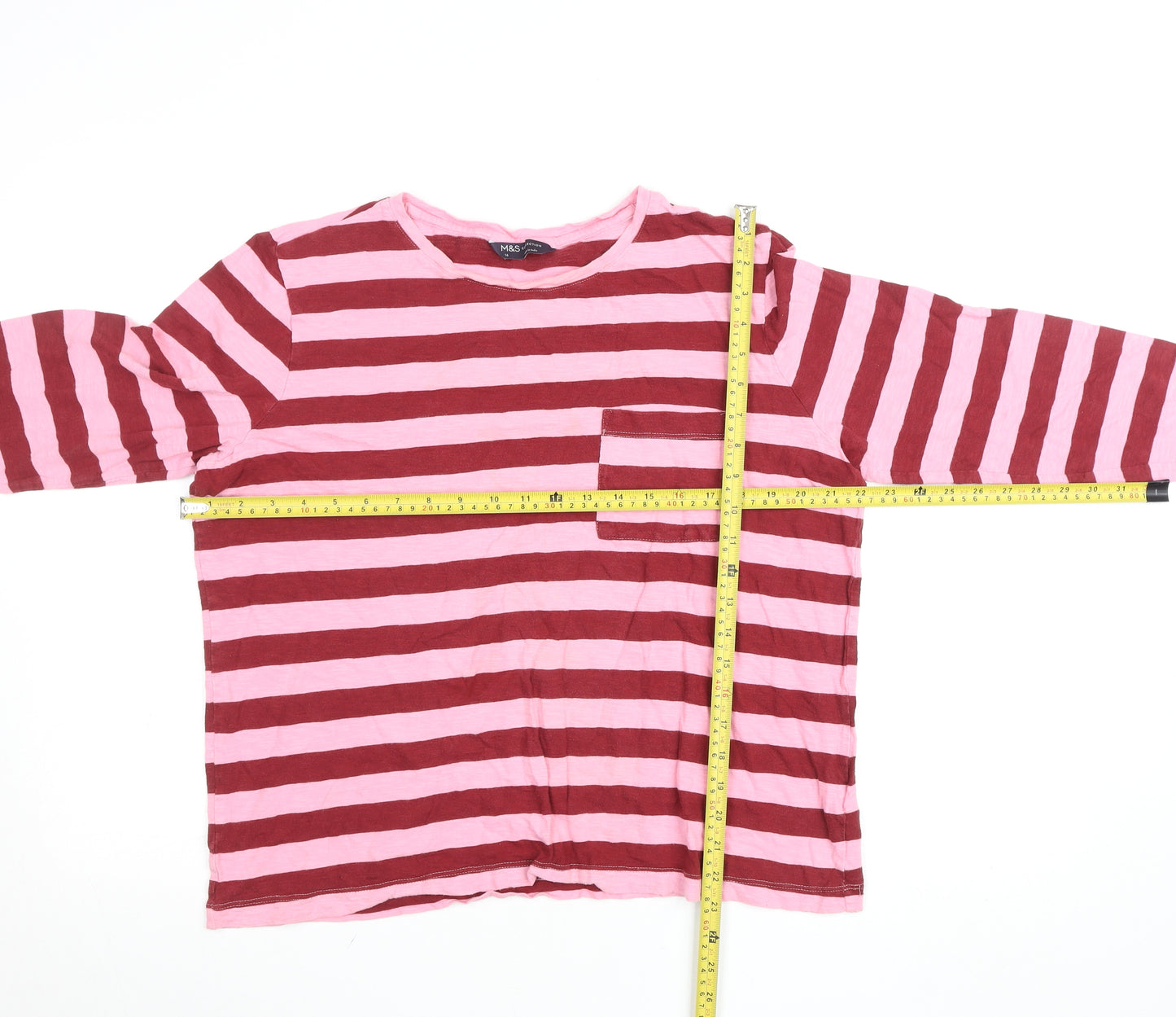 Marks and Spencer Women’s Pink & Red Striped Long Sleeve Cotton T-Shirt Size 16