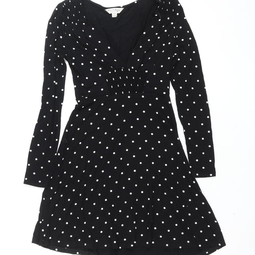 Miss Selfridge Women Black Polka Dot V-Neck Fit & Flare Dress Size 8