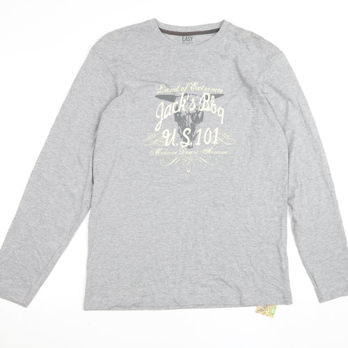 Easy Mens Grey Long Sleeve Graphic Crew Neck Cotton Top Size S