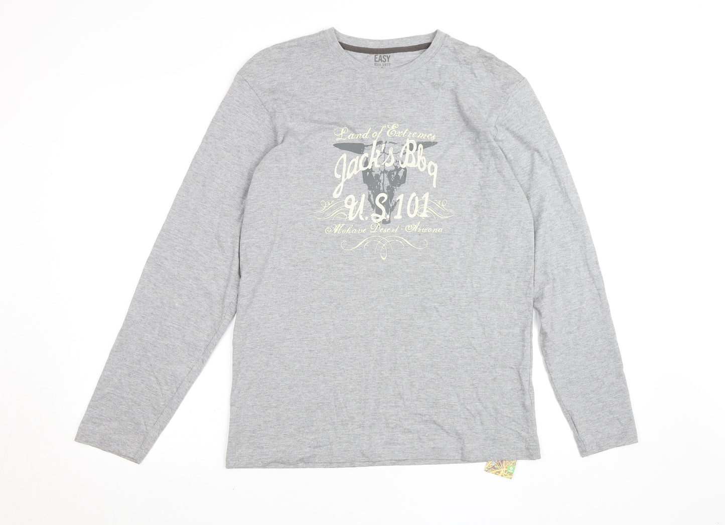 Easy Mens Grey Long Sleeve Graphic Crew Neck Cotton Top Size S