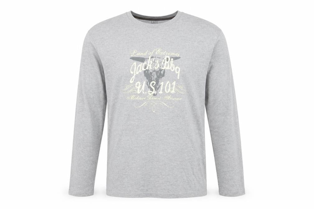 Front view of Easy men’s grey long sleeve graphic crew neck cotton top, size S