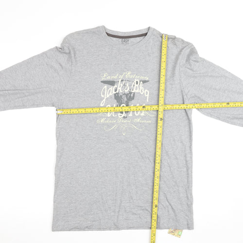 Easy Mens Grey Long Sleeve Graphic Crew Neck Cotton Top Size S