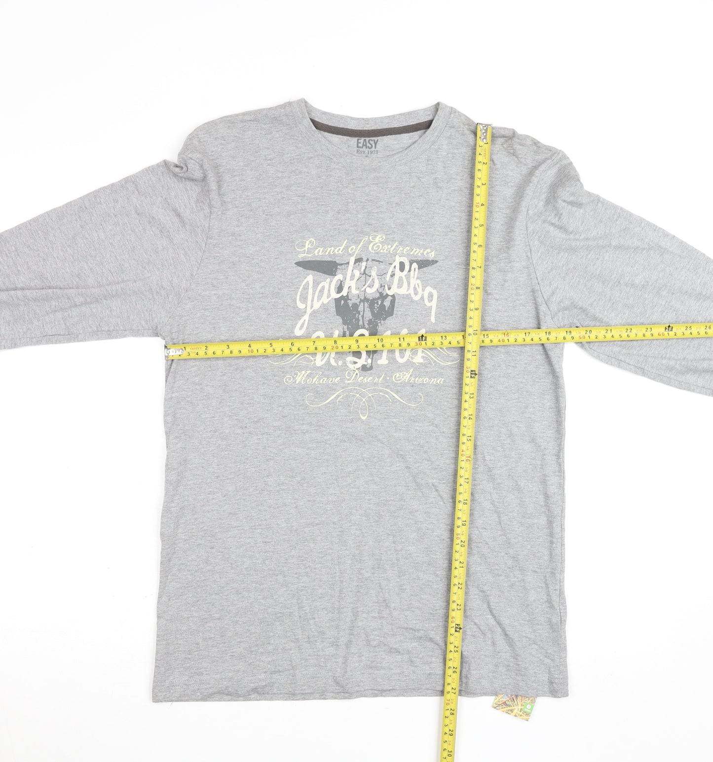 Easy Mens Grey Long Sleeve Graphic Crew Neck Cotton Top Size S