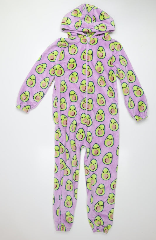 Next Girls Purple Avocado Fleece Hooded Onesie 10 Years Zip Front Nightwear