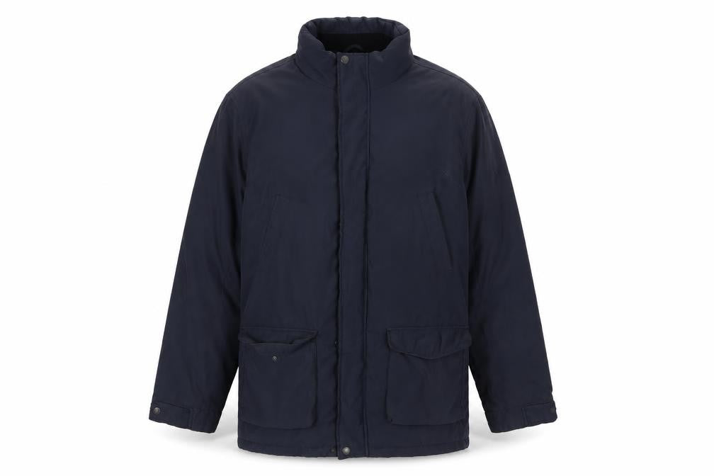 Front view of Skopes Men’s Navy Blue Parka Jacket, size 42, Regular Fit Windproof Lined