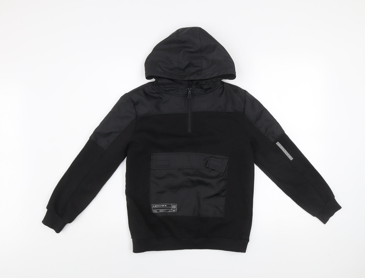 Primark Boys Black 10-11 Years Pullover Hoodie with Zip Pocket