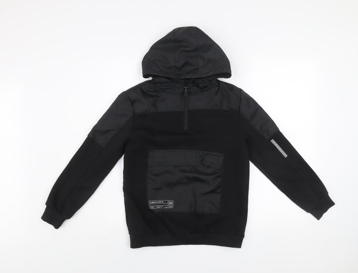 Primark Boys Black 10-11 Years Pullover Hoodie with Zip Pocket