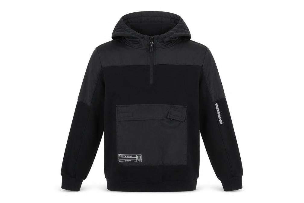 Front view of Primark boys’ black 10-11 years pullover hoodie with zip pocket