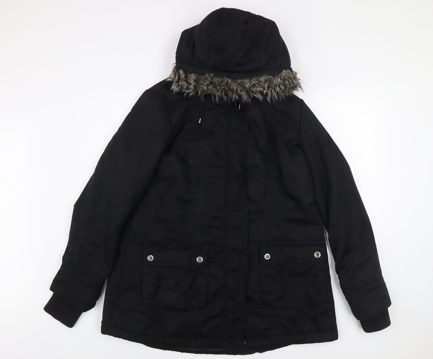 Next Women's Black Parka Coat Size 18 Faux Fur Hooded Winter Jacket