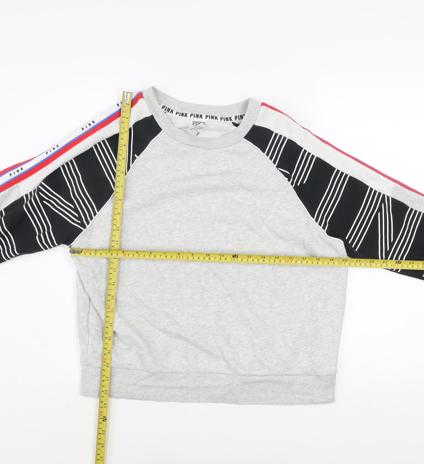 Victoria's Secret PINK Women's Grey Sweatshirt XS Raglan Pullover Logo Stripe