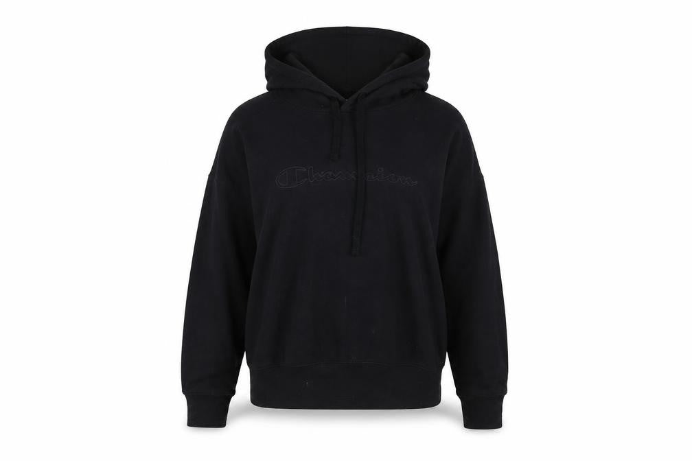 Front view of Champion Women's Black Medium Pullover Hoodie Sweatshirt