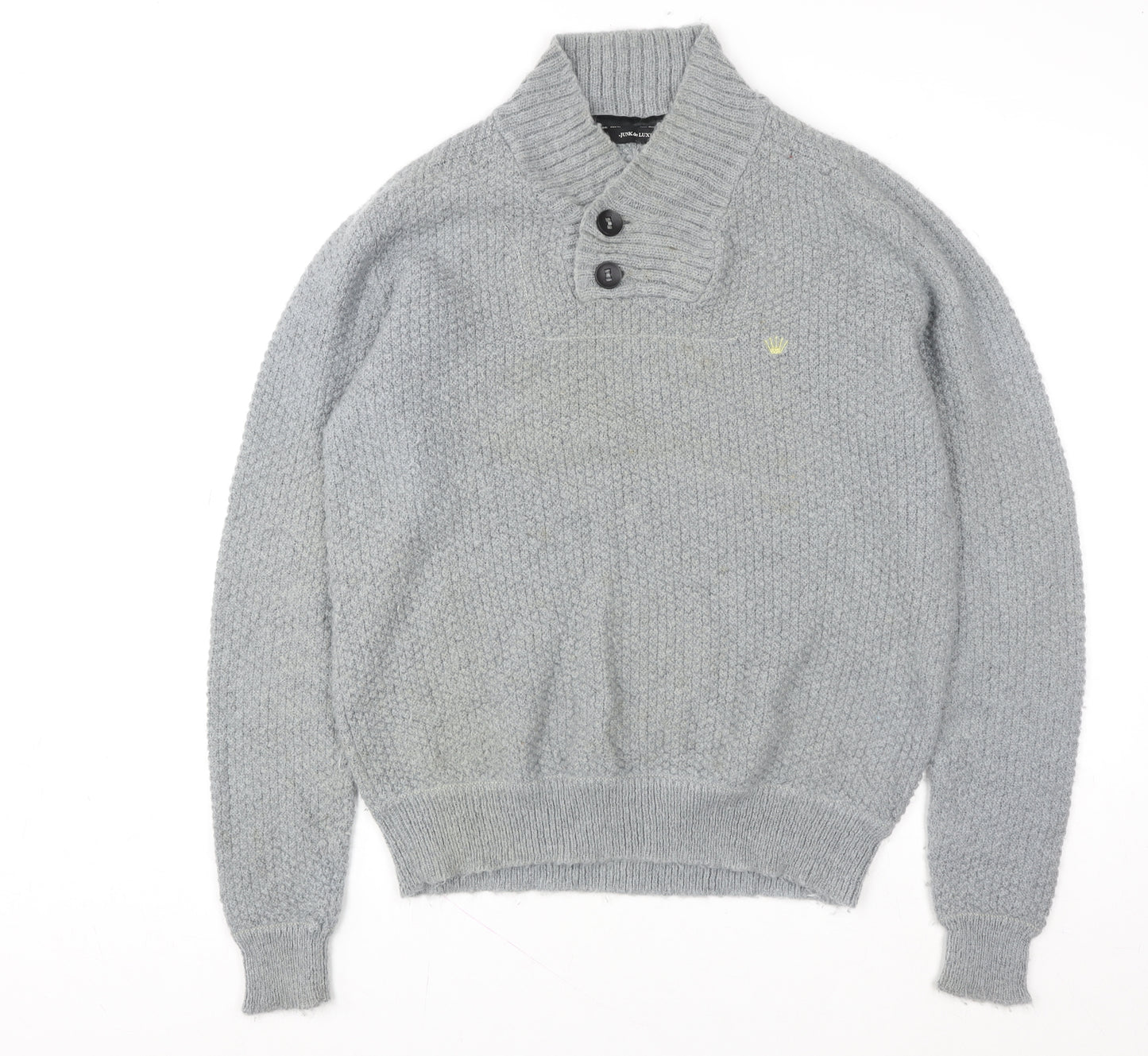 Junk de Luxe Men Grey XL Chunky Knit Mohair Henley Jumper