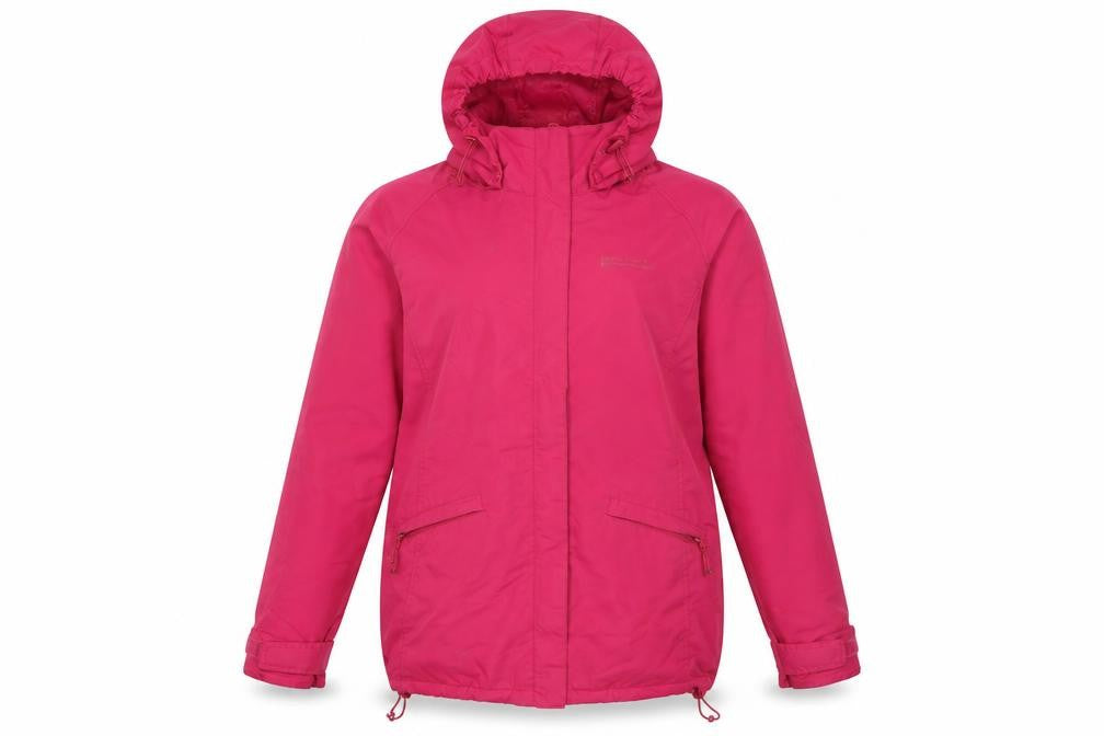 Front view of Mountain Warehouse women’s pink waterproof hooded rain jacket, size UK 12
