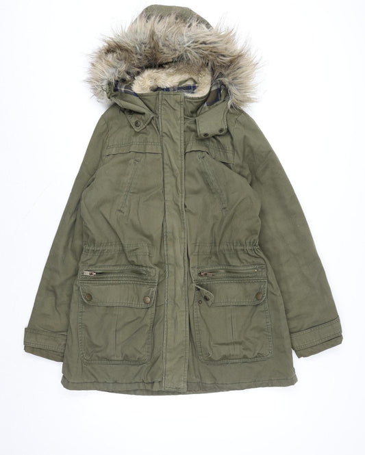New Look Women’s Green Fur Trim Parka Coat Size 14 Hooded Winter Jacket