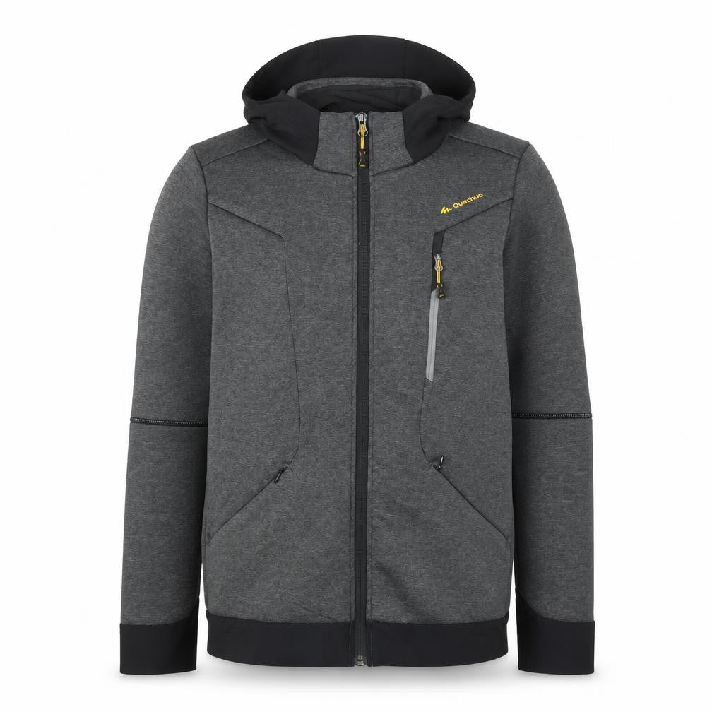 Front view of Quechua Men's Grey Softshell Hiking Jacket S Hooded Windproof