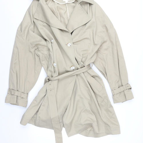 H&M Women Beige Trench Coat L Belted Cotton Lyocell