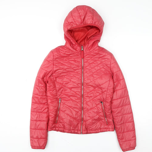 Bershka Women's Pink Hooded Puffer Jacket Size 8