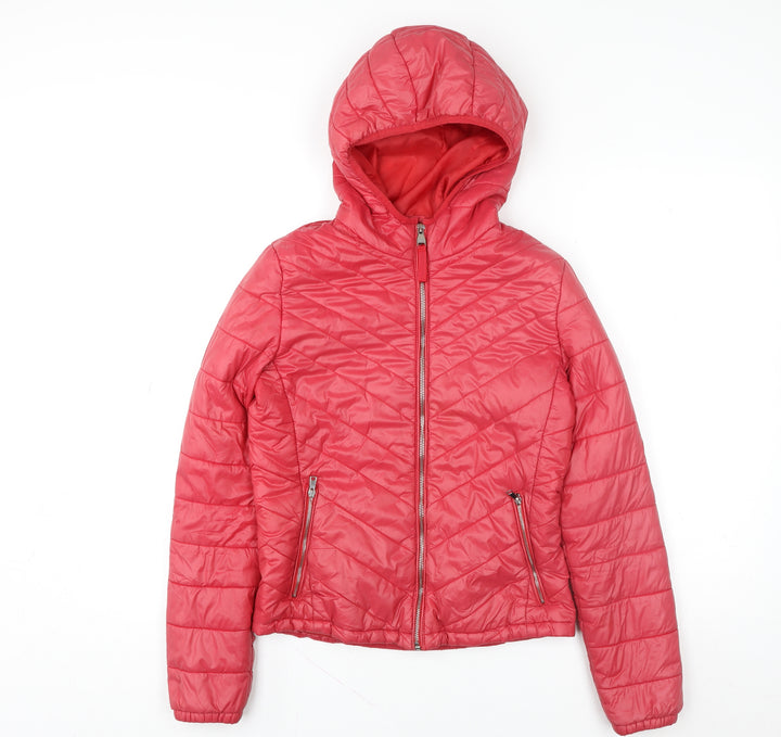 Bershka Women's Pink Hooded Puffer Jacket Size 8