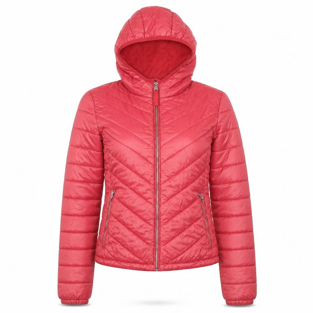 Front view of Bershka Women's Pink Hooded Puffer Jacket, size 8