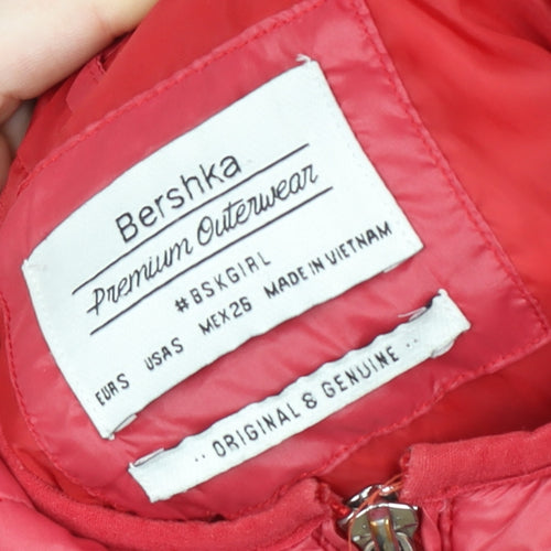 Bershka Women's Pink Hooded Puffer Jacket Size 8