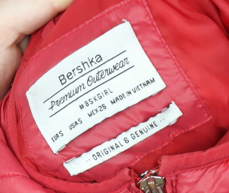 Bershka Women's Pink Hooded Puffer Jacket Size 8