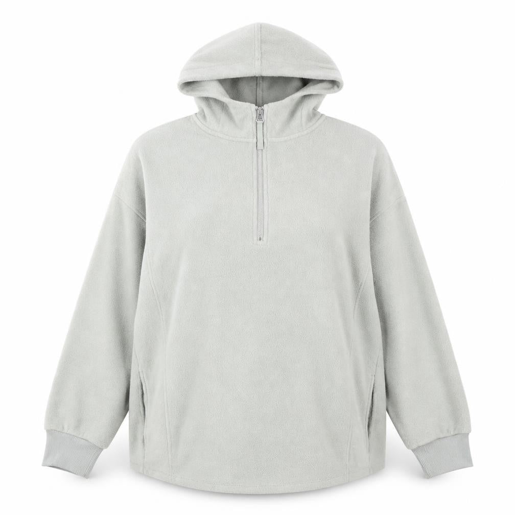 Front view of Nutmeg Women Light Grey Fleece 1/2 Zip Hooded Pullover, size 12