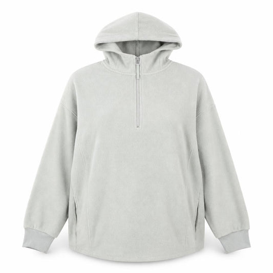 Front view of Nutmeg Women Light Grey Fleece 1/2 Zip Hooded Pullover, size 12