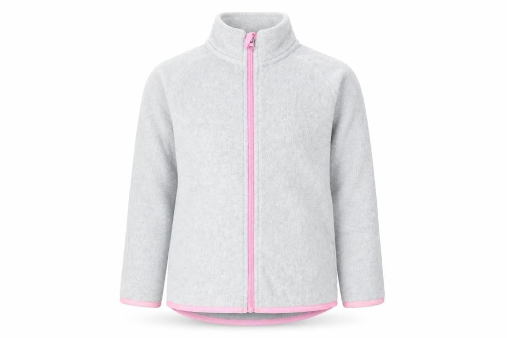 Front view of TESSENTIALS girls’ grey fleece full zip jacket, size 8, years lightweight
