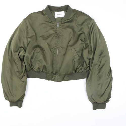 Stradivarius Women Green Cropped Bomber Jacket Size L Polyester