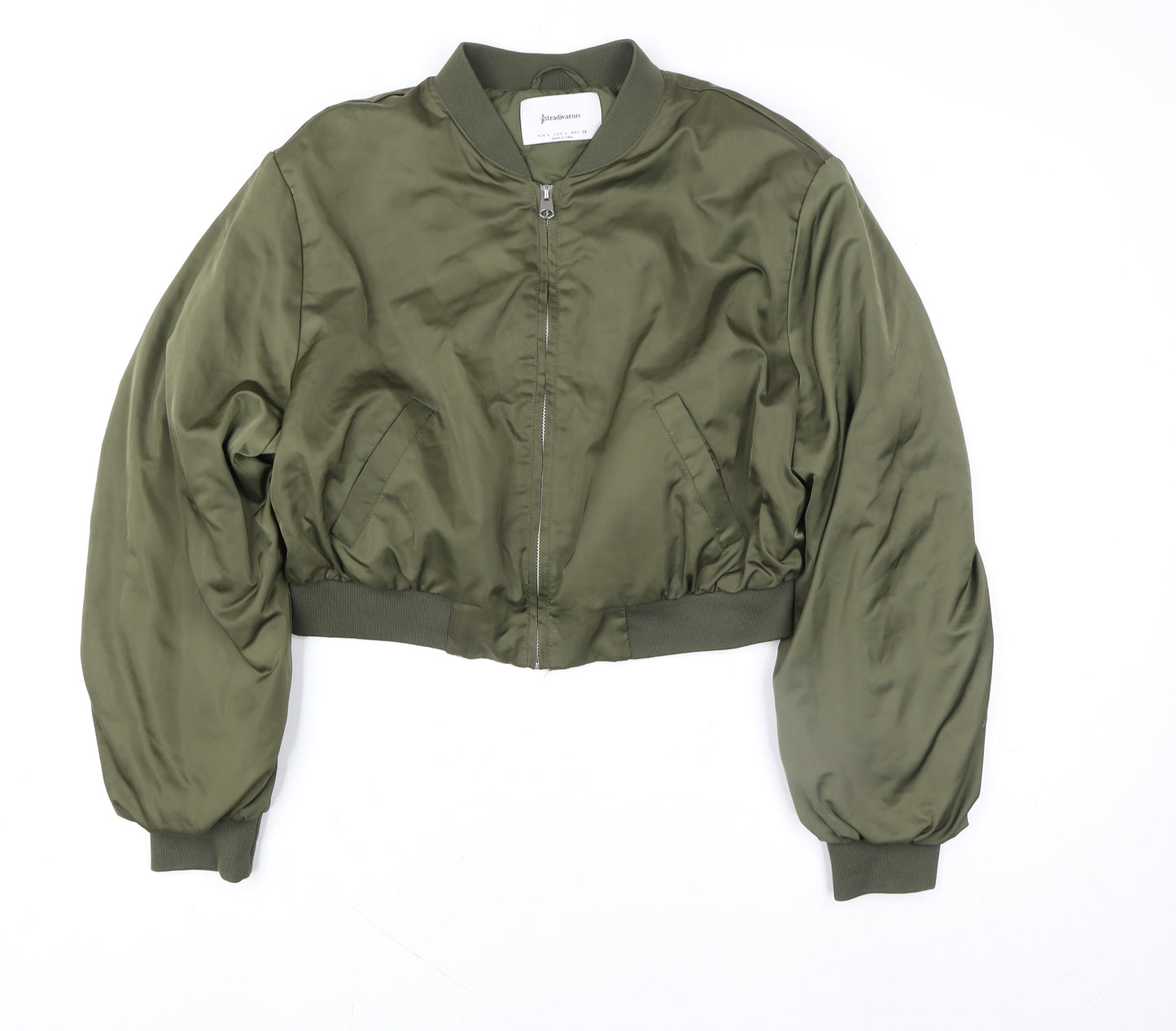 Stradivarius Women Green Cropped Bomber Jacket Size L Polyester