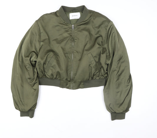 Stradivarius Women Green Cropped Bomber Jacket Size L Polyester