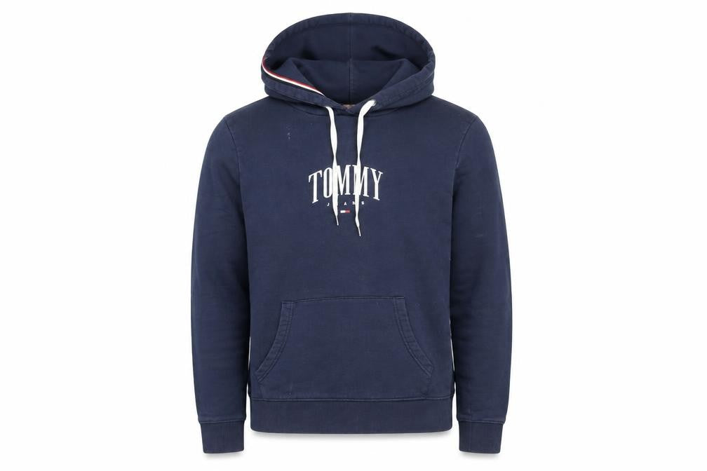 Front view of Tommy Jeans Men’s Blue Pullover Hoodie L Logo Cotton Fleece