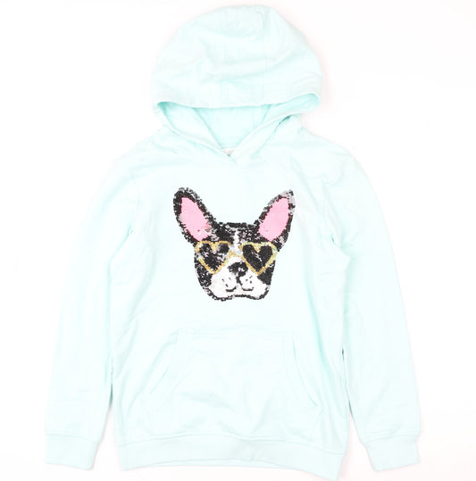 Bluezoo Girls Blue Sequin Dog Pullover Hoodie Age 9-10 Years