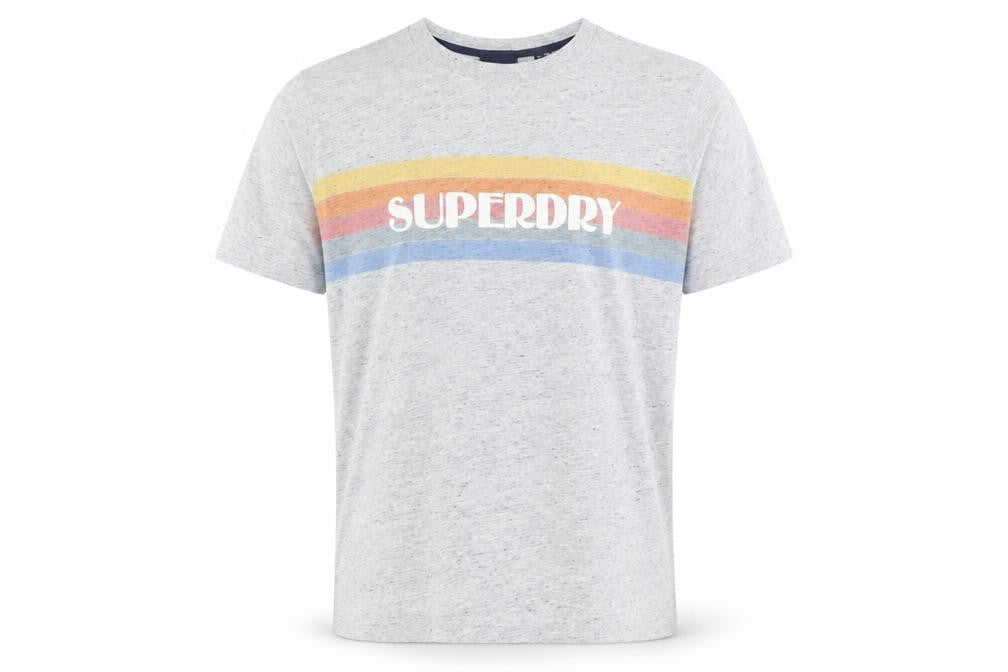 Superdry Men Grey Retro Stripe Logo Crew Neck Cotton T-Shirt L