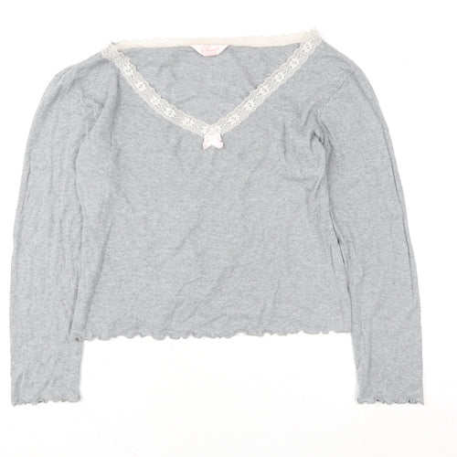 Secret Possessions Womens Grey Lace Trim Long Sleeve V-Neck Top L