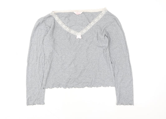 Secret Possessions Womens Grey Lace Trim Long Sleeve V-Neck Top L