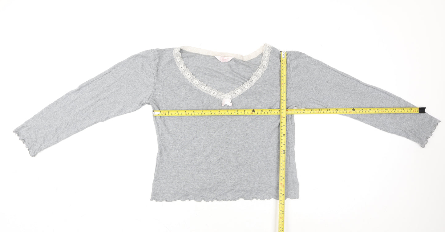Secret Possessions Womens Grey Lace Trim Long Sleeve V-Neck Top L